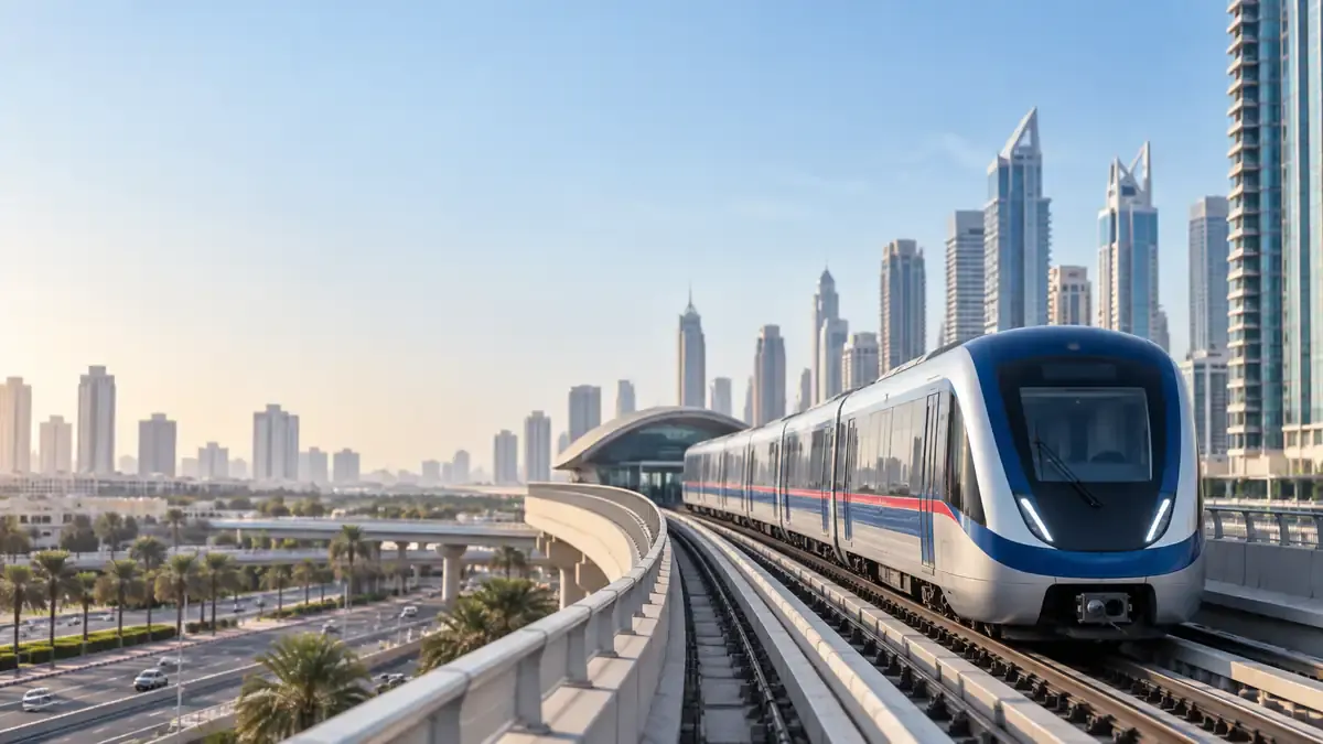 Dubai Metro train on an elevated track with the modern Dubai skyline