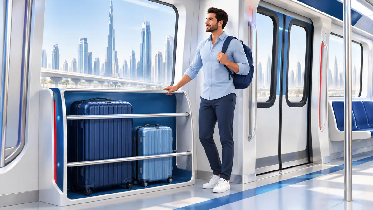 Illustration of suitcases stored in a dedicated luggage area inside a metro carriage
